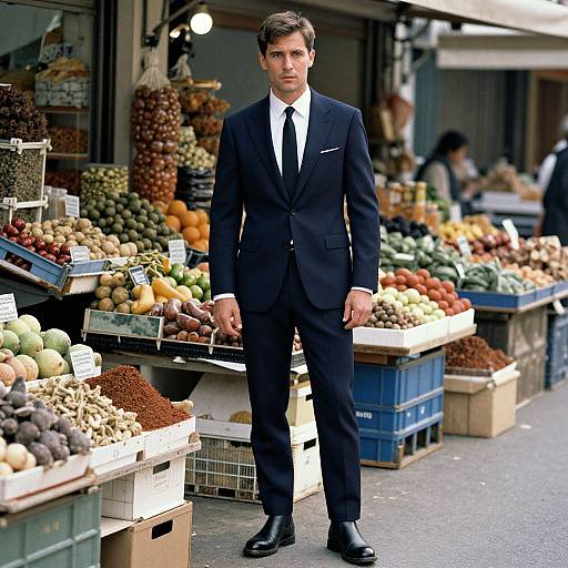 Confident Man in Navy Suit at Market