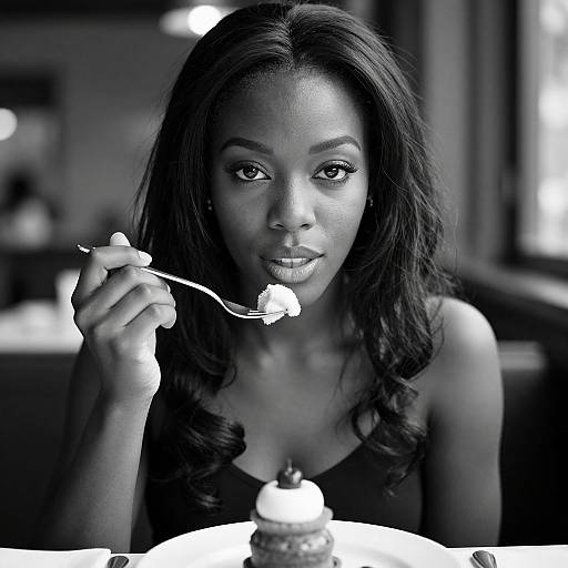 Black-and-white photograph of a beautiful, dark-skinned woman with long, wavy hair, holding a fork with a spoonful of whipped cream,