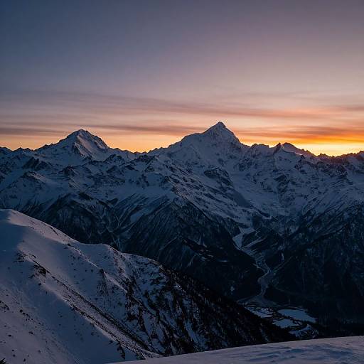 Photograph of a snow-covered mountain range at sunset, with dark peaks contrasting against a colorful sky of purple, orange, and yellow hues.