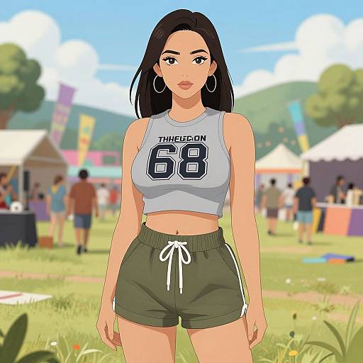 Digital anime-style drawing of a confident woman with long black hair, wearing a 