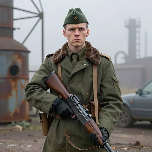 Male Soldier in Green Uniform Holding Rifle