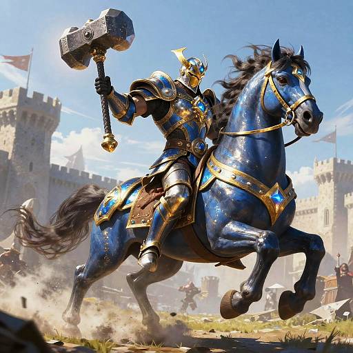 Digital artwork of a knight in shiny blue and gold armor, wielding a massive hammer, riding a galloping blue horse, in front of a castle
