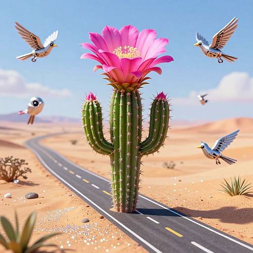 Photograph-style digital art: vibrant pink cactus flower with yellow center in desert, surrounded by four flying birds, on winding road.