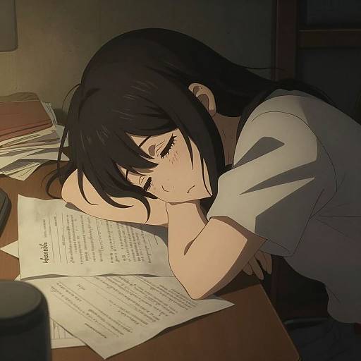 Tired Anime Character in Moody Room
