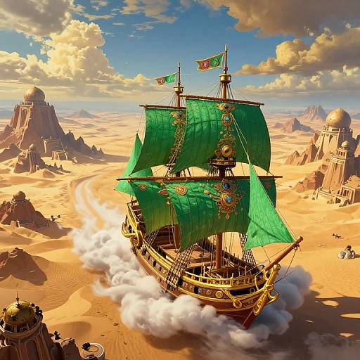 Digital painting of a grand, ornate, green-sailed pirate ship gliding through a desert landscape with towering rock formations and clear blue sky.