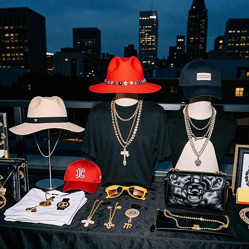 Photograph: City skyline at night, display table with mannequins in black shirts, red and black hats, gold jewelry, hats, sunglasses