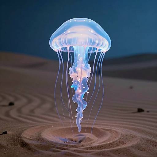 Photograph of a glowing blue and white jellyfish with long, translucent tentacles, hovering over a sandy desert landscape at night.