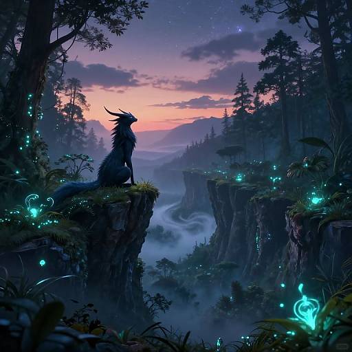 Digital fantasy artwork of a silhouetted, horned creature sitting on a cliff at twilight, surrounded by glowing fireflies, misty valleys,