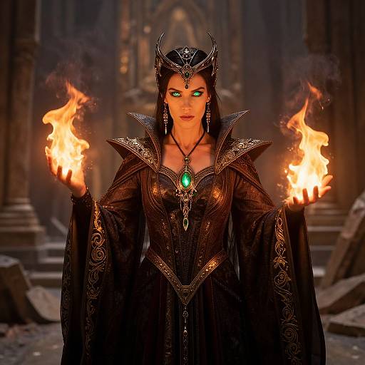 Digital artwork of a dark-elf sorceress with glowing green eyes, black ornate robes, and fiery hands, standing in a ruined, sm