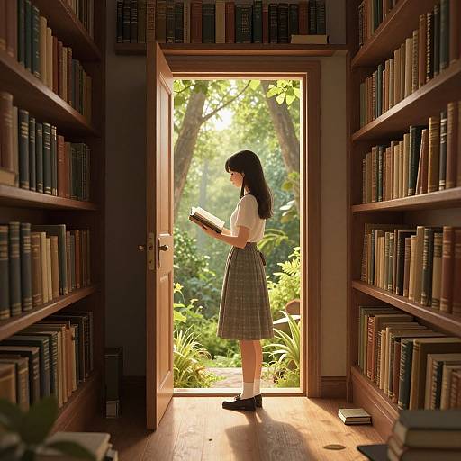 Photograph-style digital art: Asian woman with long black hair, white blouse, and green plaid skirt reads book in sunlit library doorway, surrounded