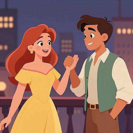 Animated Couple Smiling in Cityscape