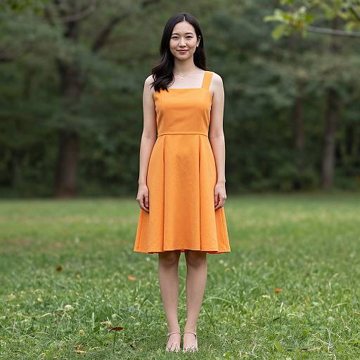 Photograph of an Asian woman with long black hair, wearing an orange sleeveless dress, standing on a grassy field, with a forest background.