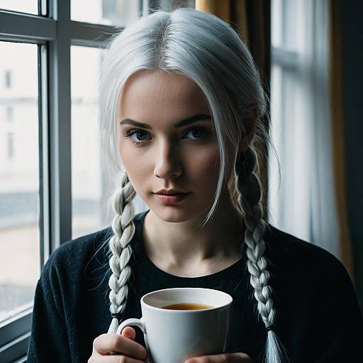 Photograph of a young woman with silver braided hair, fair skin, and blue eyes, holding a white cup of coffee by a window. She