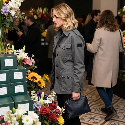 Blonde Woman in Military Jacket Surrounded by Flowers