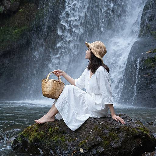 Photograph of a woman in a white dress and straw hat, sitting on a mossy rock, holding a wicker basket, by a cascading