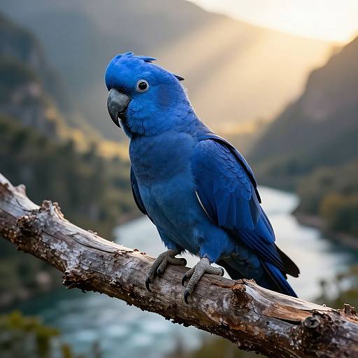 Photograph of a vibrant blue parrot perched on a rugged tree branch, set against a blurred mountainous landscape with sunlight.