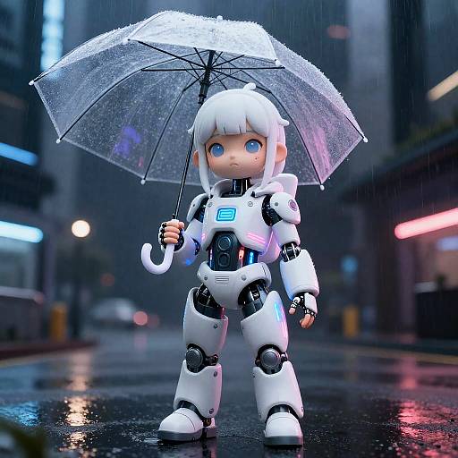 Albino Girl in Robotic Outfit with Umbrella in Cyberpunk City