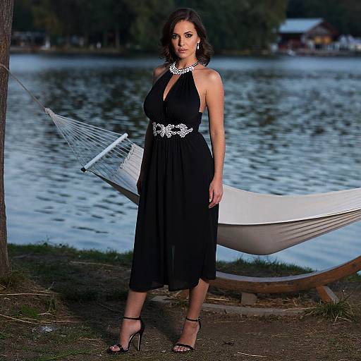 Photograph of a dark-haired woman in a black halter dress with white embellishments, standing by a white boat on a lake at dusk. She