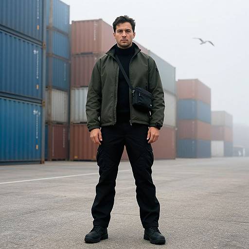 Photograph of a serious, dark-haired man in black clothing and green jacket standing in a foggy container yard. Stacks of colorful shipping containers in