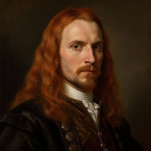 Photorealistic portrait of a serious, red-haired man with long, wavy hair, light skin, and a beard, wearing a dark, orn