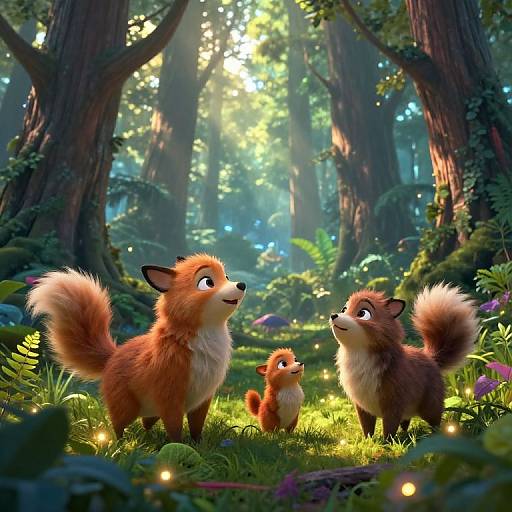 CGI illustration of three adorable red fox kits with fluffy tails in a sunlit, enchanted forest, surrounded by glowing fireflies and vibrant greenery.