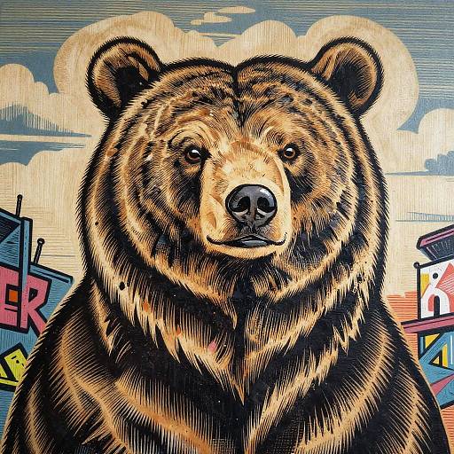 Stylized digital drawing of a bear with detailed fur, black nose, and intense gaze, set against a colorful, urban graffiti background.