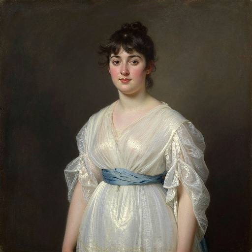 Photograph-style painting of a young woman with fair skin, dark curly hair, and pink cheeks, wearing a white, sheer dress with blue sash