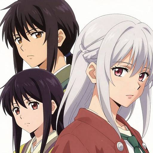 Anime-style digital illustration of four characters with black and white hair, brown eyes, and serious expressions, wearing school uniforms.