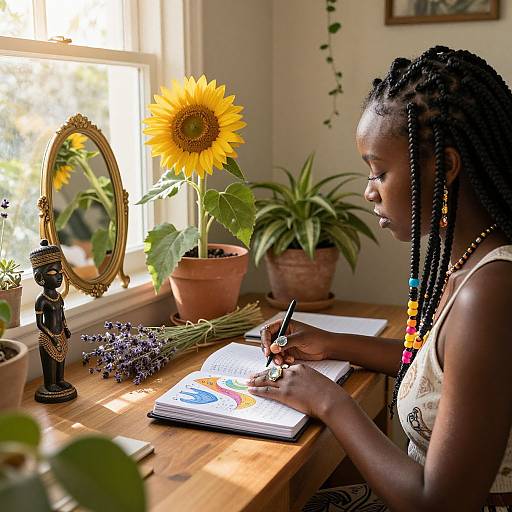 Photograph of an African woman with braided hair, wearing a sleeveless top, writing in a notebook by a sunlit window. Sunflower,