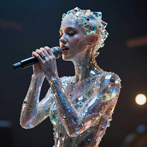 Photograph of a silver, crystal-encrusted female singer with an intricate headpiece, holding a microphone, performing on a dimly lit stage