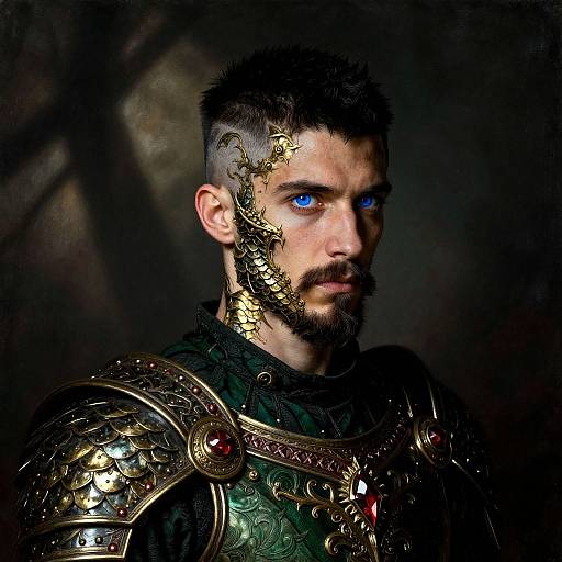 Photograph of a rugged, blue-eyed man with dark hair and beard, wearing ornate, gold-embellished medieval armor, against a dark
