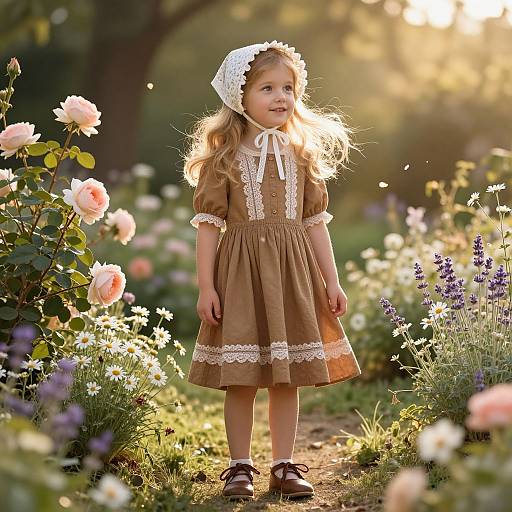 Girl in Vintage Dress in Sunlit Flower Garden