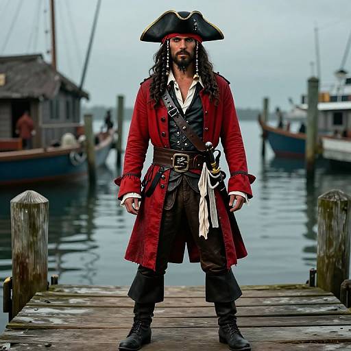 Photorealistic digital image of a bearded pirate in a red coat, black tricorn hat, and brown pants, standing on a dock with boats