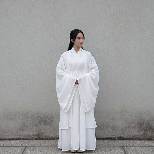 Photograph of an East Asian woman with dark hair in a white traditional Korean hanbok, standing against a plain gray wall.