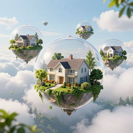 Digital artwork: Three floating houses with lush gardens, encased in transparent bubbles, suspended above fluffy clouds in a bright, sunny sky.