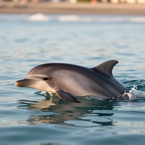 Photograph of a sleek, gray dolphin swimming in clear blue water, creating small splashes, with a blurred, sunny shoreline in the background.