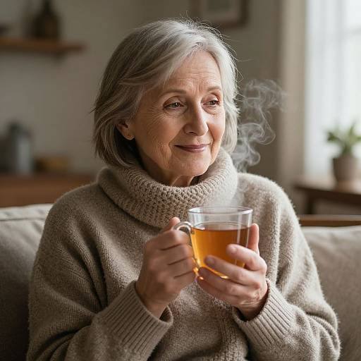 Photograph of an elderly woman with gray hair, wearing a beige turtleneck sweater, holding a steaming glass of tea, smiling warmly in a