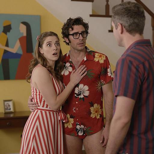 Shocked Woman Embracing Man in Floral Shirt Without Pants