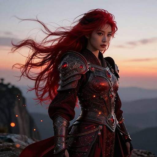 Digital artwork of a red-haired woman in detailed, red-embellished armor standing at sunset, with mountains and glowing embers in the background.