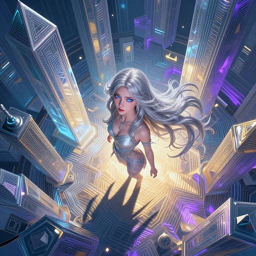 Digital art of a silver-haired woman with glowing blue eyes, wearing a silver dress, standing in a futuristic, illuminated geometric maze.
