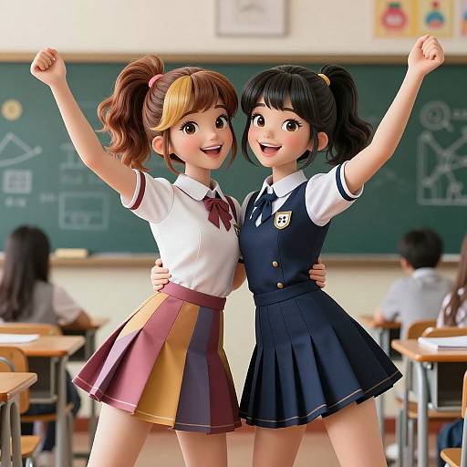 Digital 3D anime-style image of two cheerful, smiling schoolgirls with arms raised, one in a white shirt and maroon skirt, the other