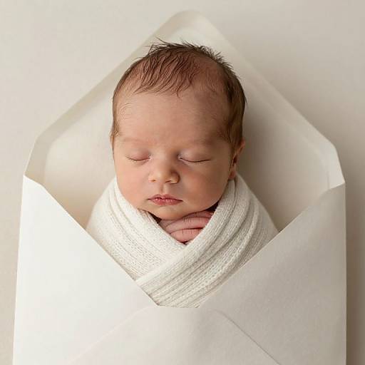 Photograph of sleeping newborn baby with closed eyes, wrapped in a white knitted blanket inside a white cardboard box.