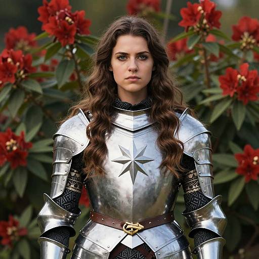 Young Woman in Silver Medieval Armor with Red Flowers