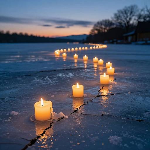 Photograph of glowing candles in a row on a frozen, cracked ice surface at twilight, with a blue-to-orange sky and silhouetted trees