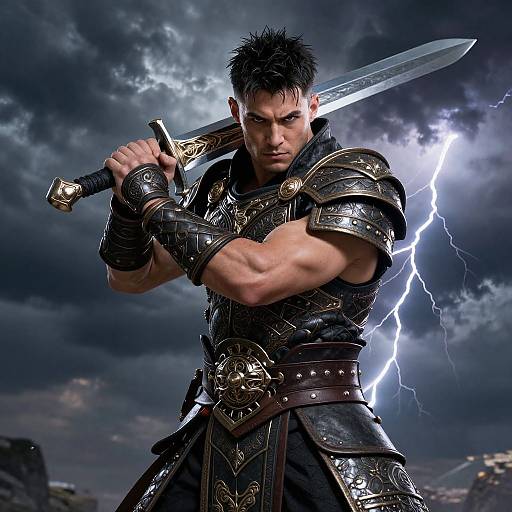 Photorealistic digital art of muscular, dark-haired warrior in ornate black armor, holding sword, lightning bolt in stormy sky background.
