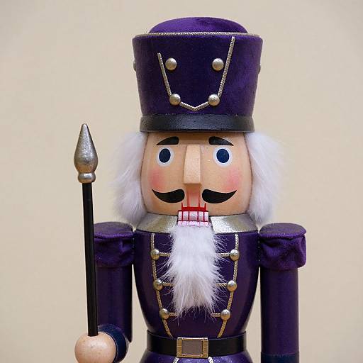 Photograph of a traditional wooden nutcracker soldier with a black hat, purple uniform, white beard, and holding a spear, set against a plain