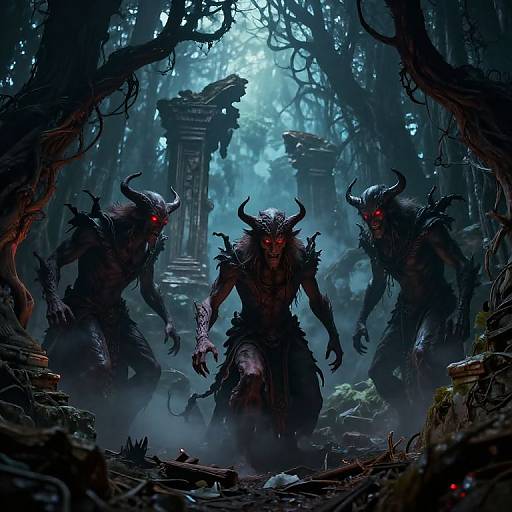 Dark, foggy forest with three glowing red-eyed, horned demons advancing. Ancient, crumbling ruins in background. Digital art, fantasy horror style.