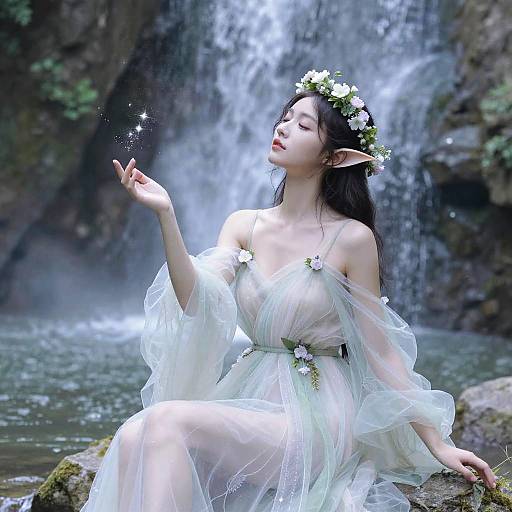 Serene Female Elf in Waterfall Grotto
