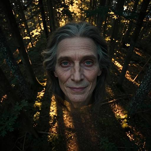Photograph of an older man with long, gray hair and wrinkles, smiling slightly, surrounded by dark forest with golden sunlight filtering through trees.