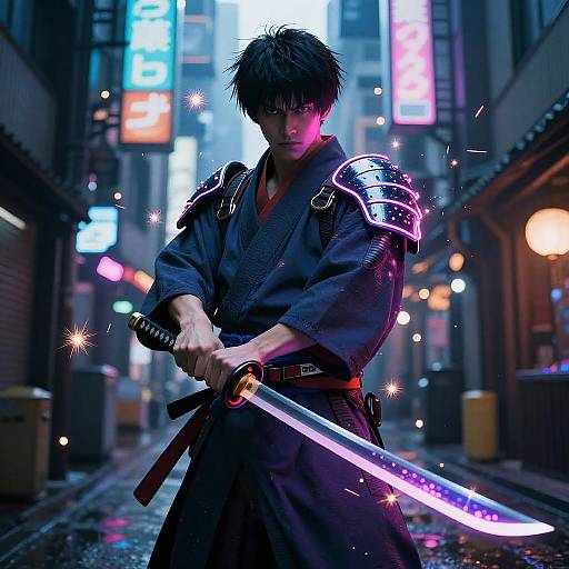 Digital anime-style drawing of a serious samurai with spiky black hair, neon-lit urban alley, glowing sword, dark kimono, and illuminated